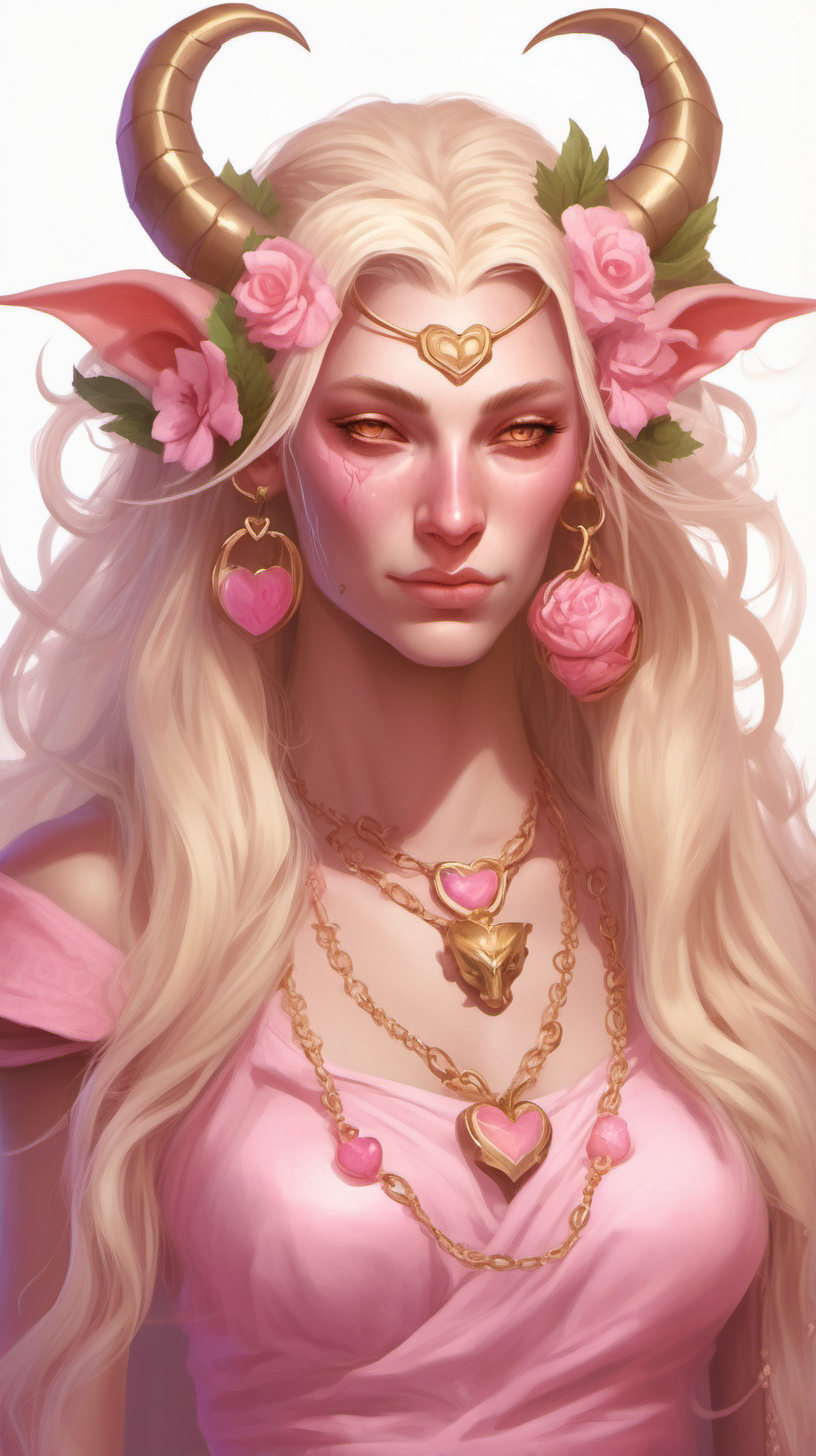 Pink skinned tiefling woman She has white horns