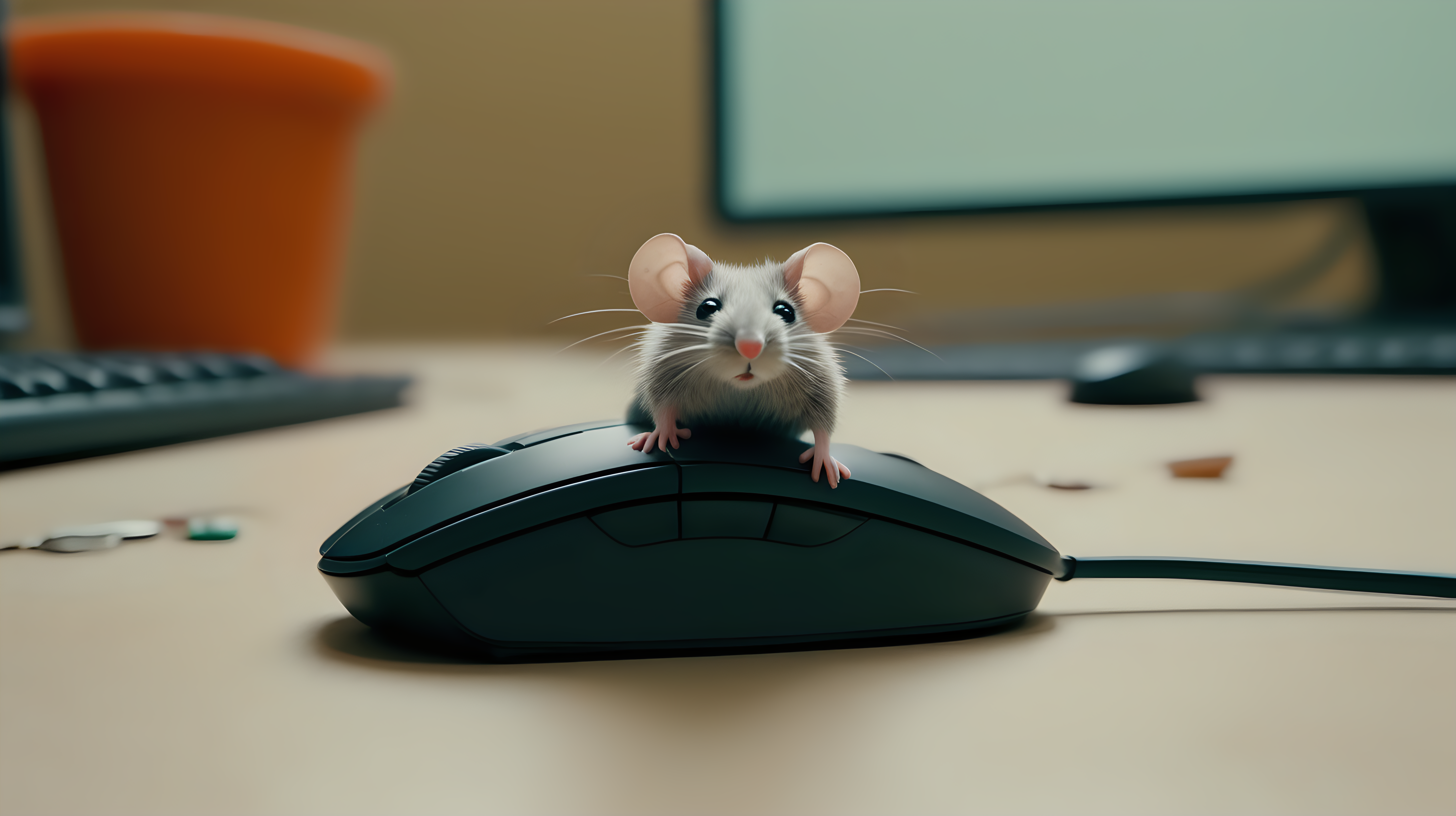 a small, cute fuzzy toy mouse sits on an upside-down real computer mouse that's been discarded in the trash  in the style of a  wes anderson film