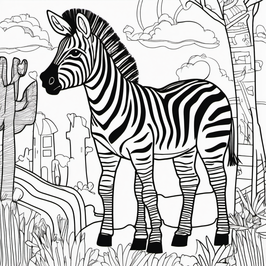 /Imagine colouring page for kids, Zebra by the Aeroplan ,  Thick Lines, low details, no shading --ar 9:11