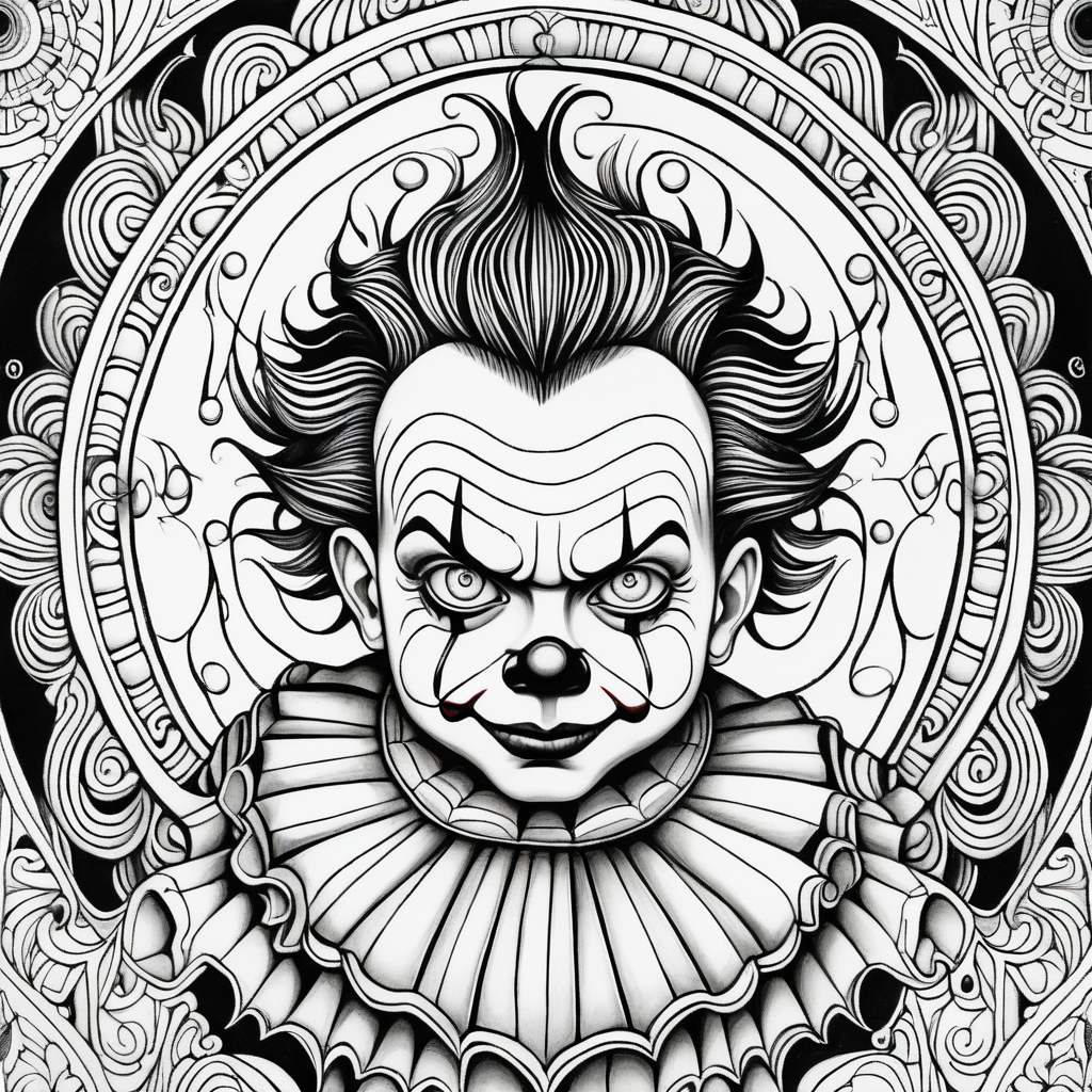 adult coloring page, black & white, strong lines, high details, symmetrical mandala, evil little boy clown 