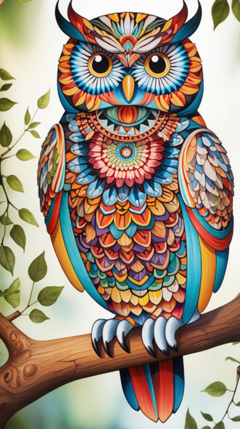 owl mandala, multicolor, sitting on branch