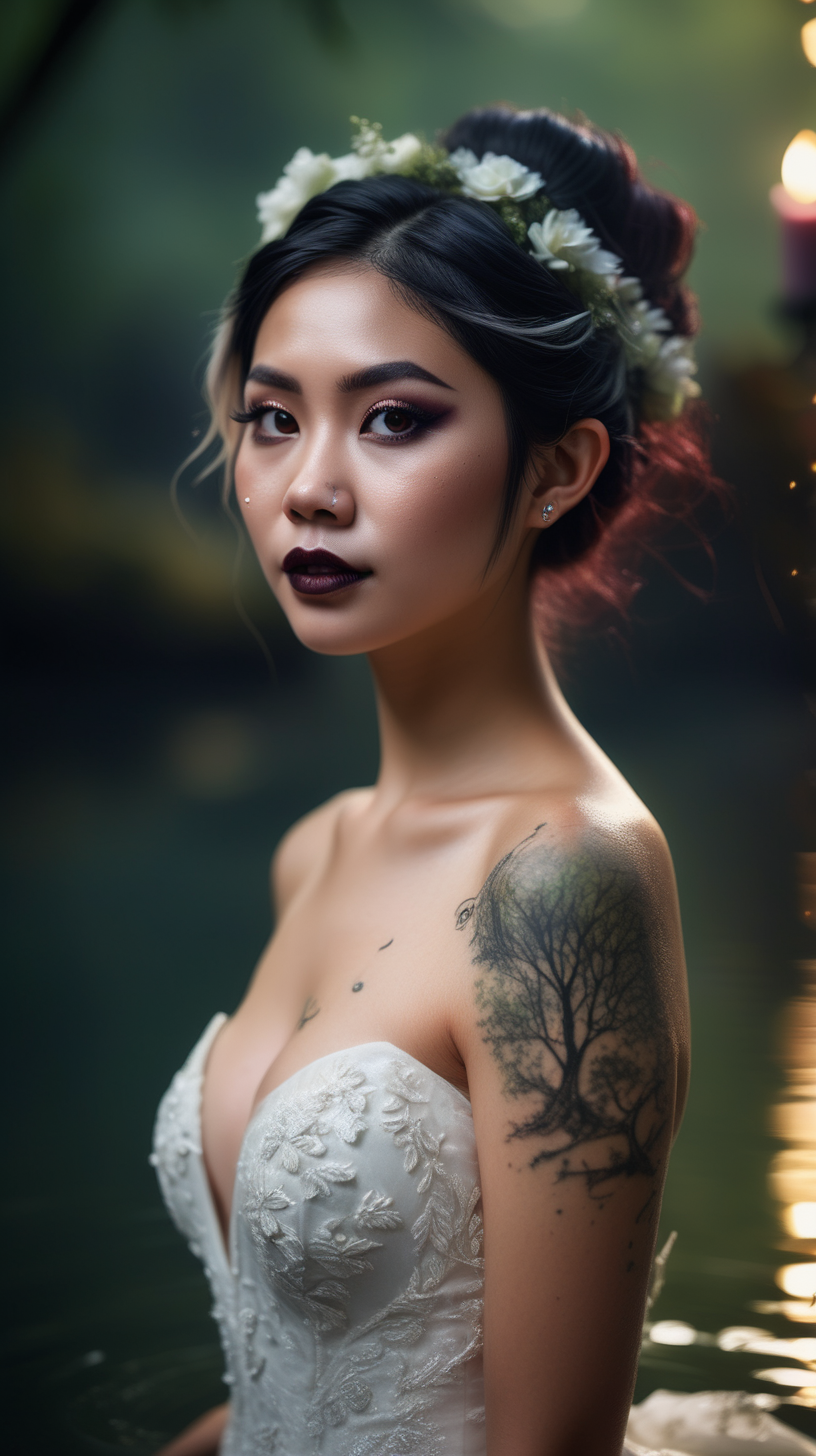 Beautiful Vietnamese woman, with elf ears, body tattoos, dark eye shadow, dark lipstick, hair in a messy updo, wearing a gorgeous wedding dress, bokeh background, soft light on face, swiming waist deep in a lake in front of elaborate candlelit forest wedding, photorealistic, very high detail,  extra wide photo