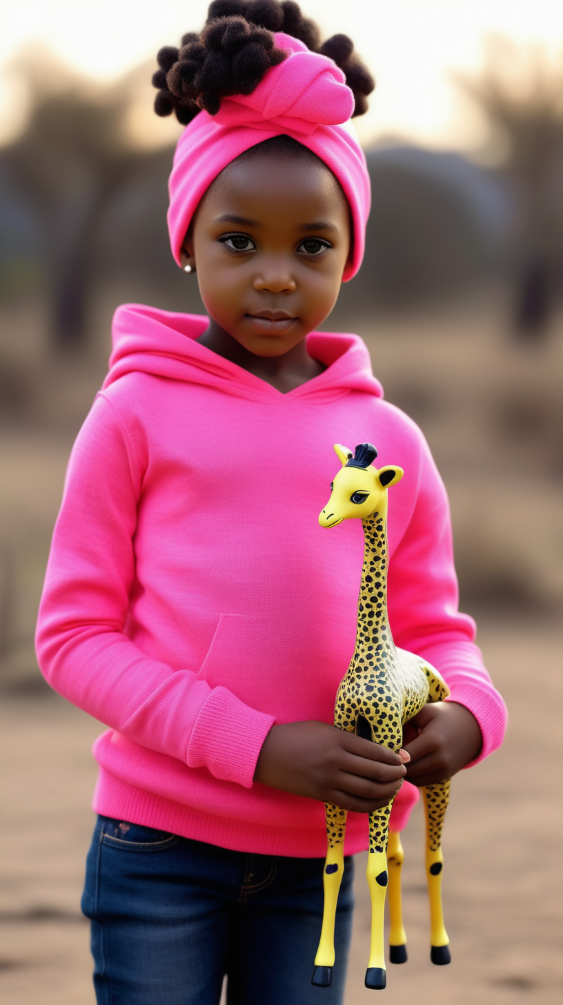 A pretty, young little black girl wearing an African print head wrap, wearing a Neon Pink, hooded, knit sweater, wearing Dark Navy blue denim jeans, standing in Africa, holding a toy giraffe, 4k, realism, high definition clarity, brilliance