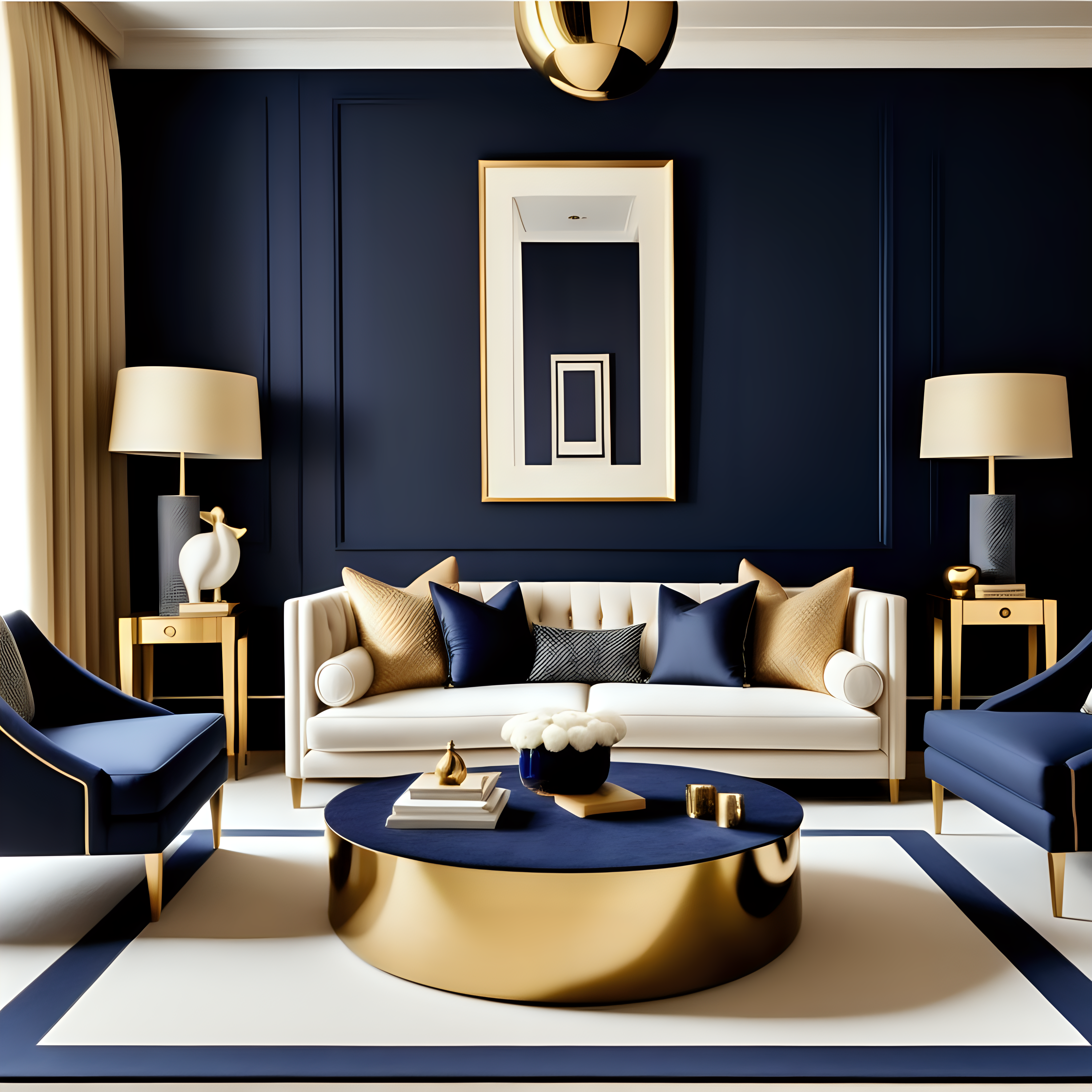 The image presents a chic and contemporary living room, only sofa and carpet, with gold, navy blue and cream vibe.