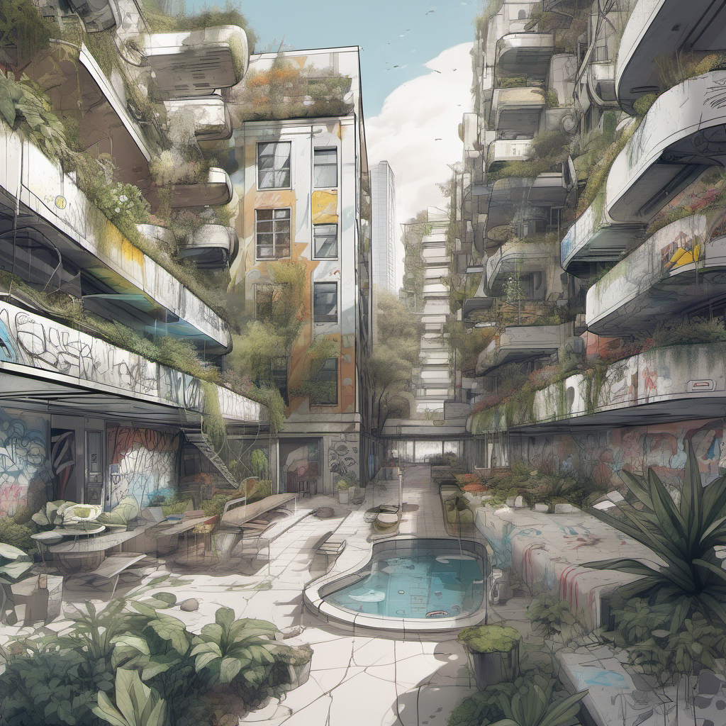 A futuristic sketch of an urban oasis with murals and grafitti in between apartment buildings