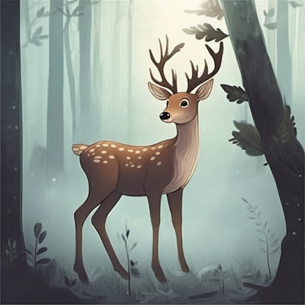 Bild für ein Kinderbuch Ein Reh im Wald  im Nebel 