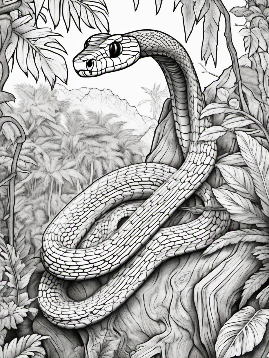 snake in a tree in jungle coloring page
