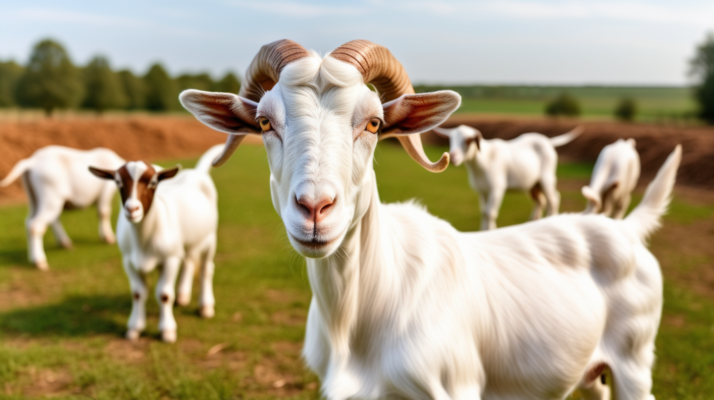 Beautiful female Boer Goats on the farm, isolated on field background, copy space, photo shoot