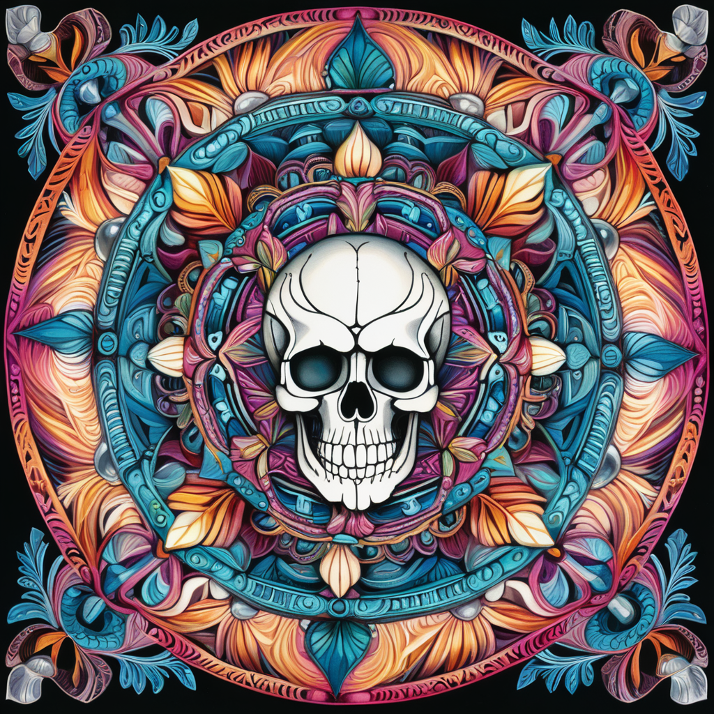 vibrant colors, clear lines, detailed, symmetrical mandala made of skulls