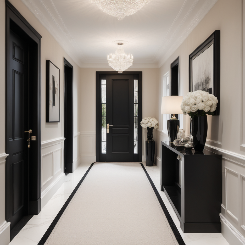 luxurious timeless interior neutral creams boucle hallway calming black doors