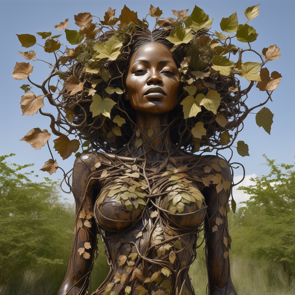  A statue with leaves in it is in the field, in the style of david popper inspired image of a Earthy melanin women in the shape of a blossoming tree, architecture, afrofuturism-inspired, tim okamura, made of vines, brown roots, exaggerated facial features, long leg branches theodore rousseau, interlocking structures