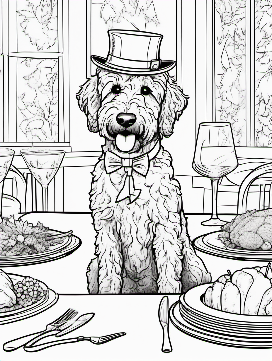 A cute smiling goldendoodle at a whimsical Thanksgiving