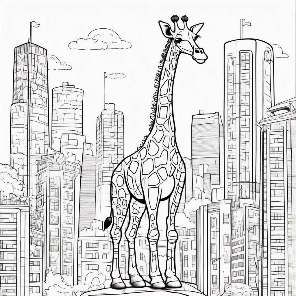 /imagine colouring page for kids, Giraffe rex in a city, Thick Lines, low details, no shading --ar 9:11