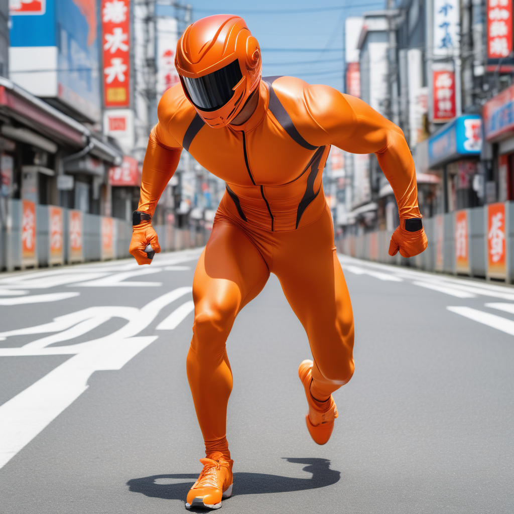 muscular man full body orange skintight suit closed