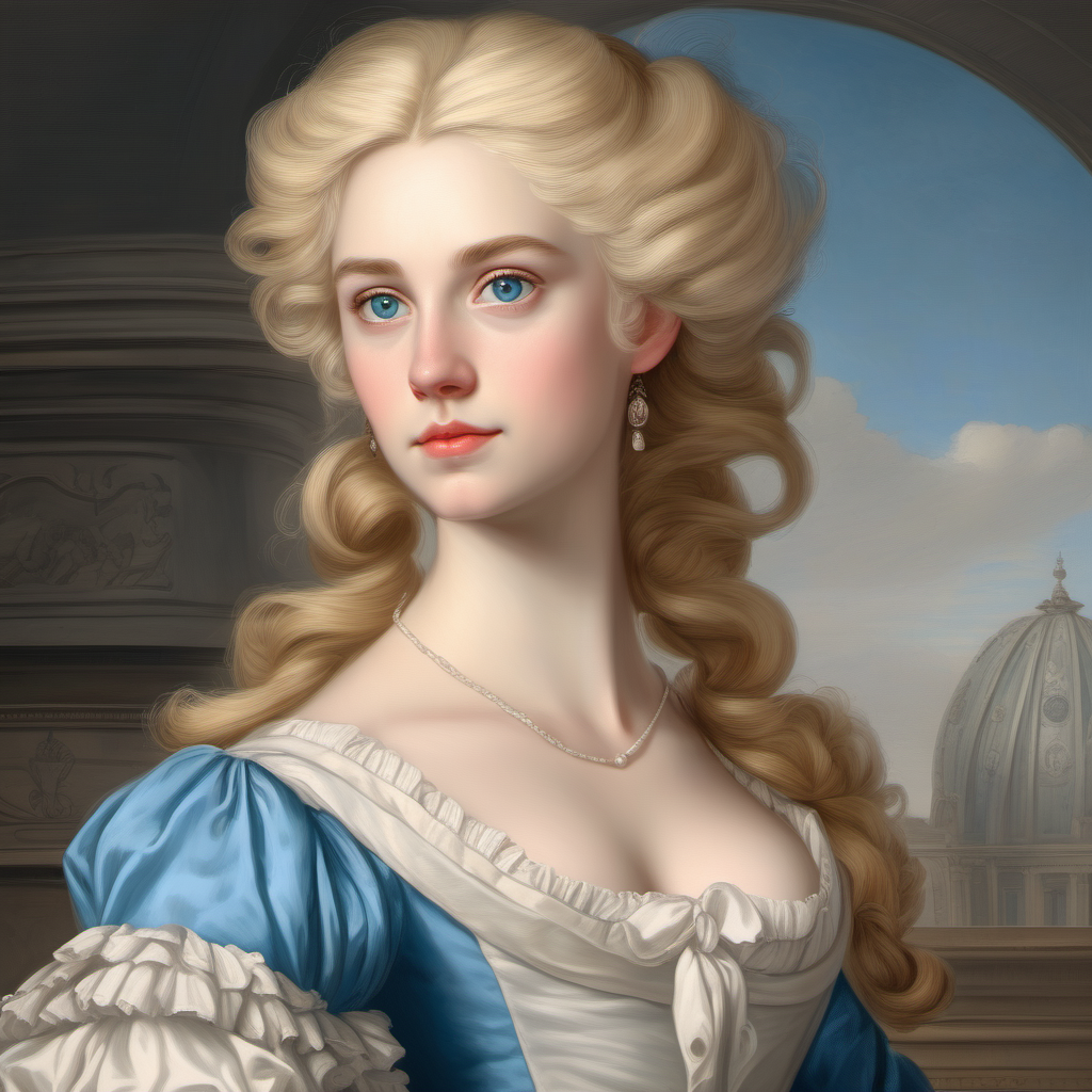 18th century beautiful young female historian blonde hair light blue eyes