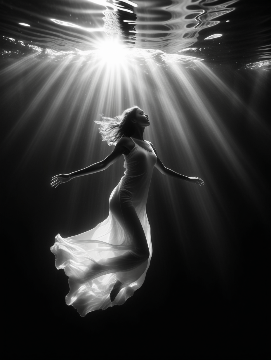 A woman can be seen in the sunlight underwater, in the style of stark black – and – white photography, ethereal dreamscapes, art of tonga, flickr, suspended hanging, lively movement portrayal, sunrays shine upon it –v 5