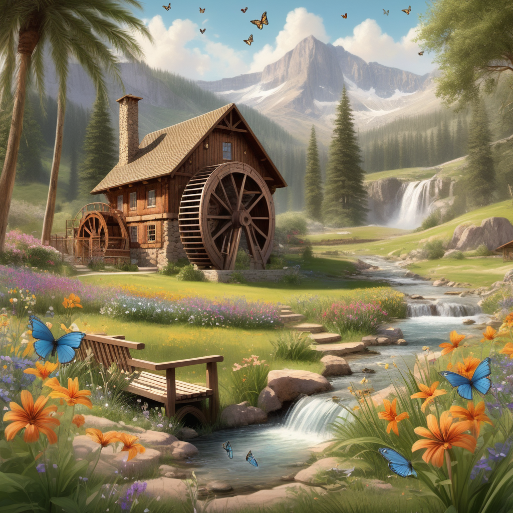 Uma linda cabana em uma campina com flores campestres, um riacho com uma grande roda d'água e um casal sentado em um banco com arvores palmeiras ao fundo E pequenas borboletas voando 
