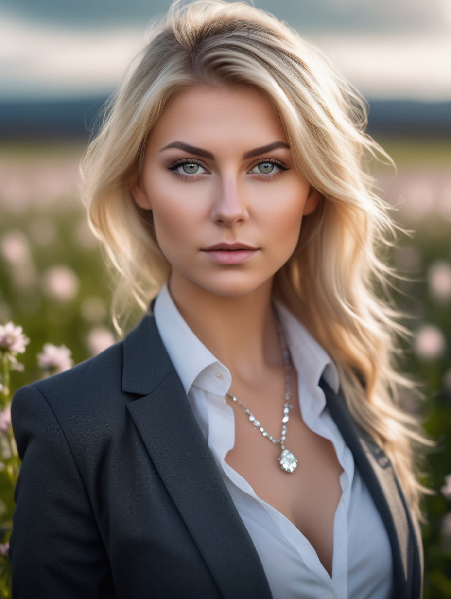 Beautiful Nordic woman, very attractive face, detailed eyes, big breasts, dark eye shadow, messy blonde hair, wearing a business suit, diamond necklace, bokeh background, soft light on face, rim lighting, facing away from camera, looking back over her shoulder, standing in a flower field, photorealistic, very high detail, extra wide photo, full body photo, aerial photo