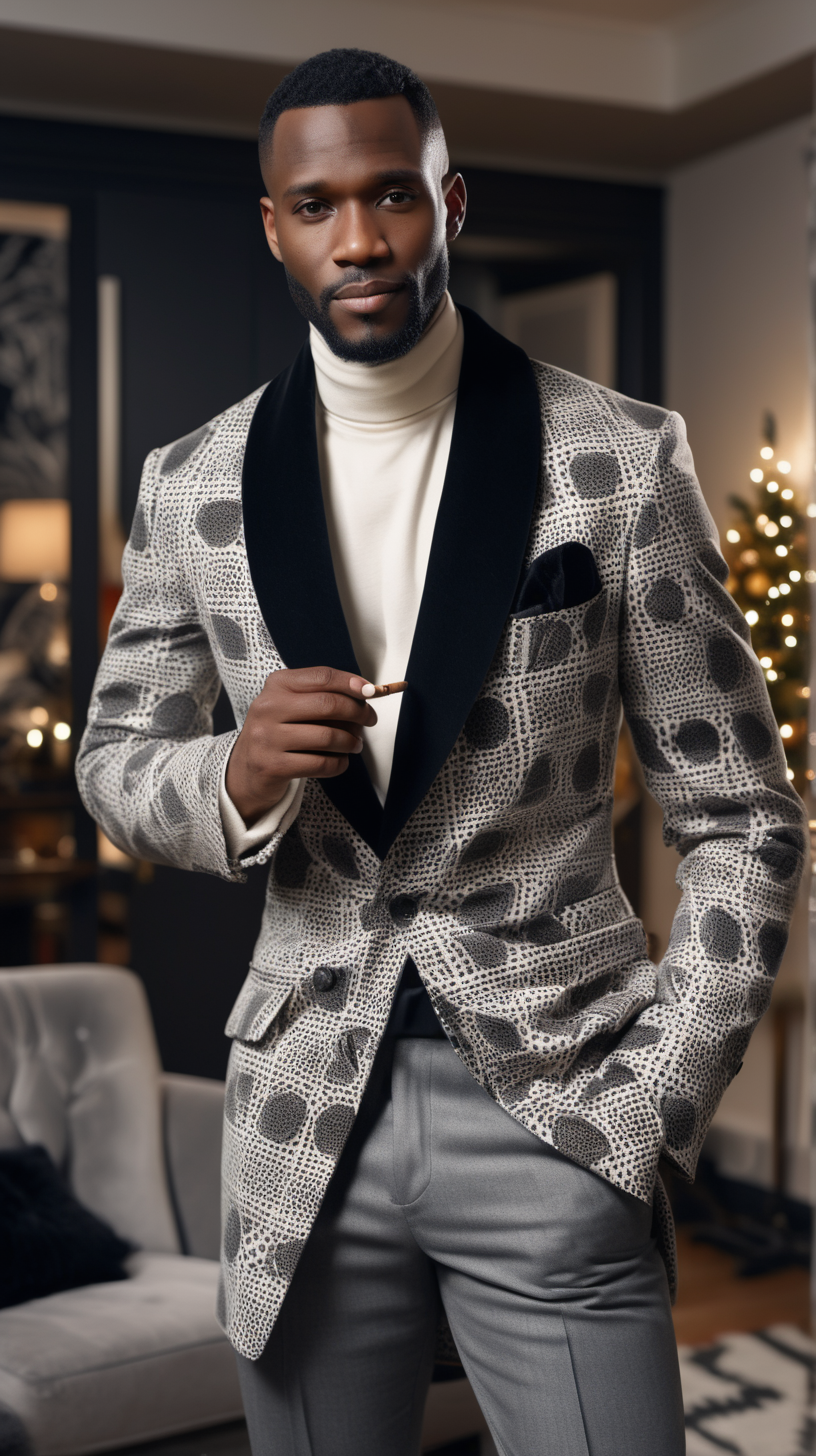 Elegant, black, man wearing, low haircut, wearing, Cream African print, 3/4 Smoking jacket, wearing, Grey, Flannel, trousers, Christmas Penthouse, in the background, 4k, high definition, full resolution, replicated
