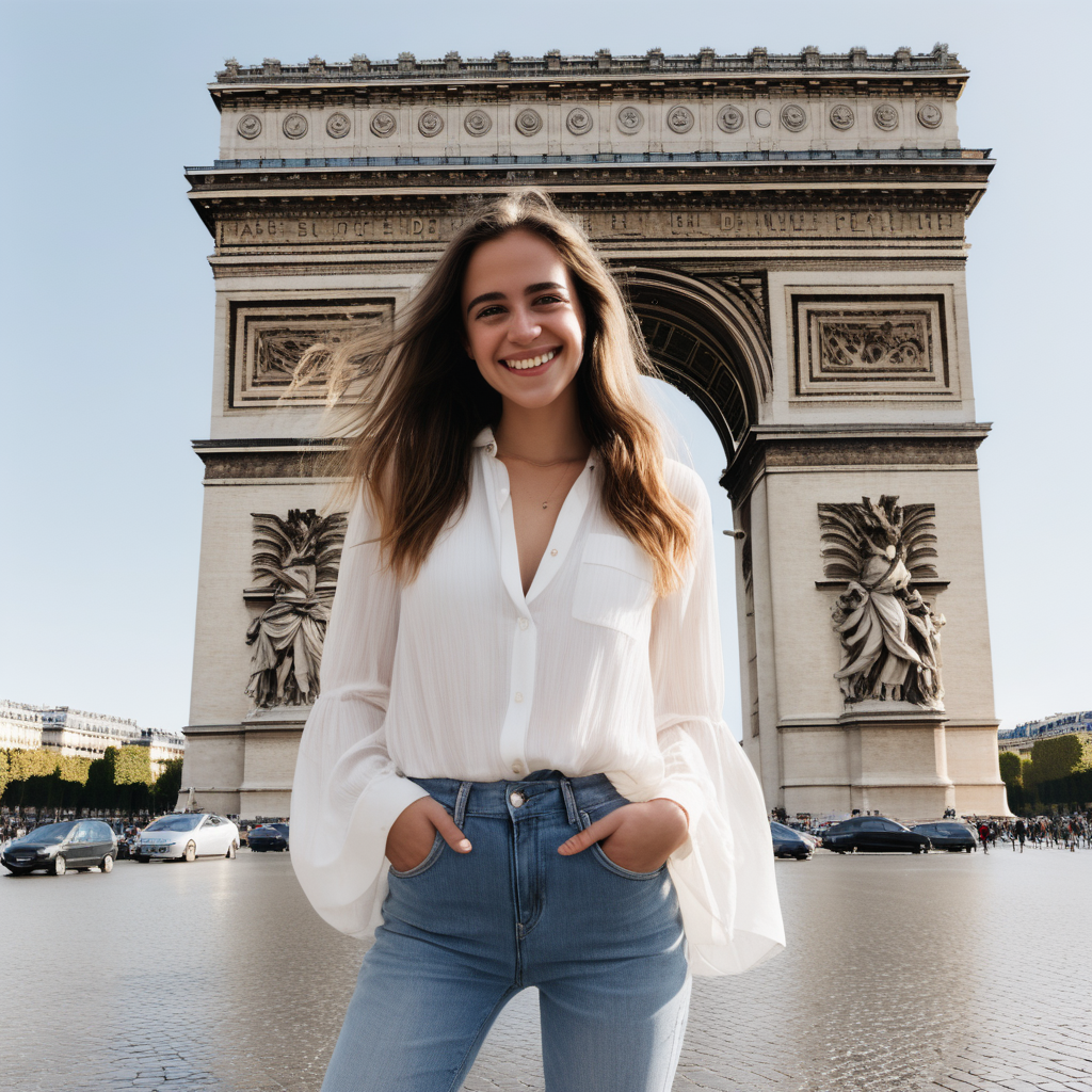 A smiling Emily Feld dressed in a long white blouse and jeans standing in front of the Arc de Triomphe