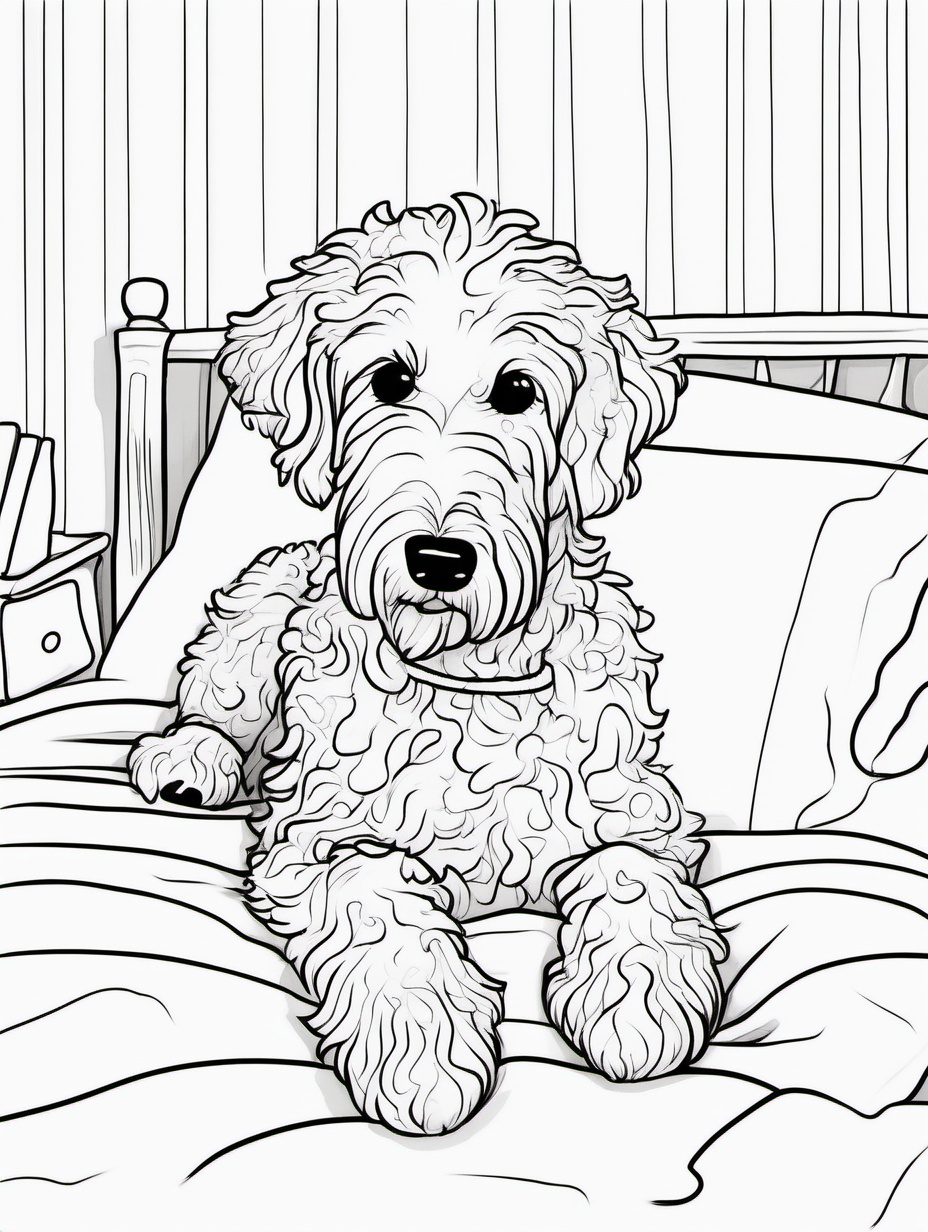 Cute female golden doodle stretched out on her  bed wearing whimsical sleepwear for a coloring book with black lines and white background