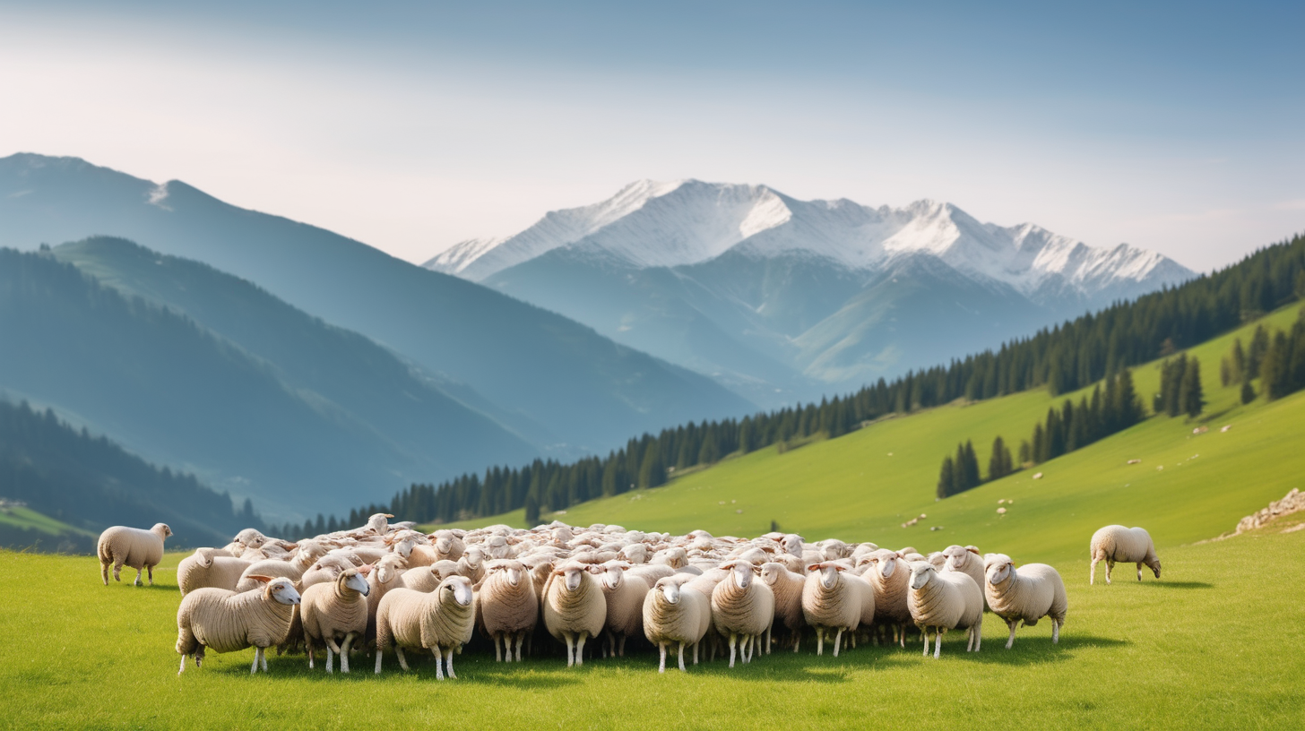 Sheep in meadow isolated on mountain background copy