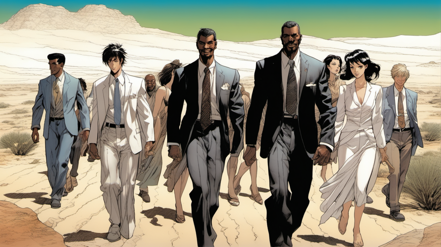 three men, with a smile leading a group of gorgeous and ethereal white & black mixed men & women with earthy skin, walking in a desert with his colleagues, in full American suit, followed by a group of people in the art style of Noriyoshi Ohrai comic book drawing, illustration, rule of thirds