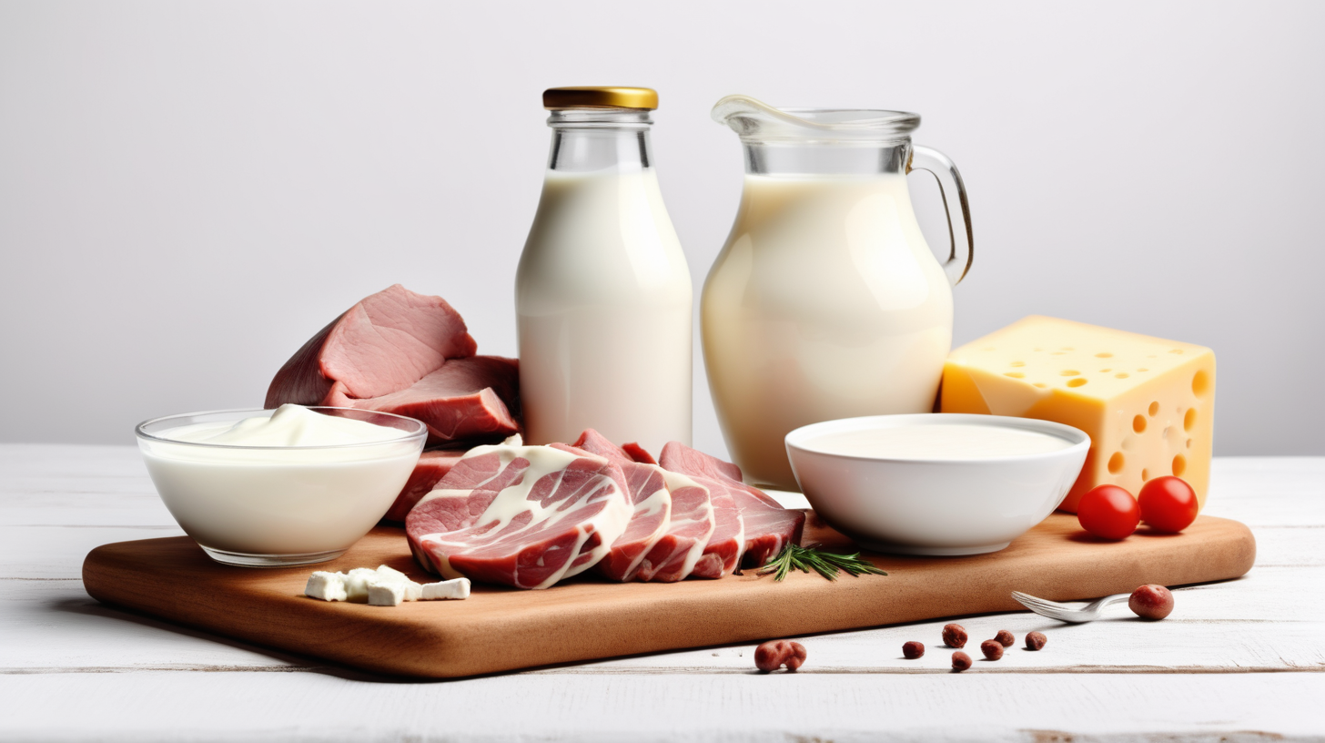 product of goat, milk, meat, cheese, yogurt on wooden table, isolated on white background, copy space