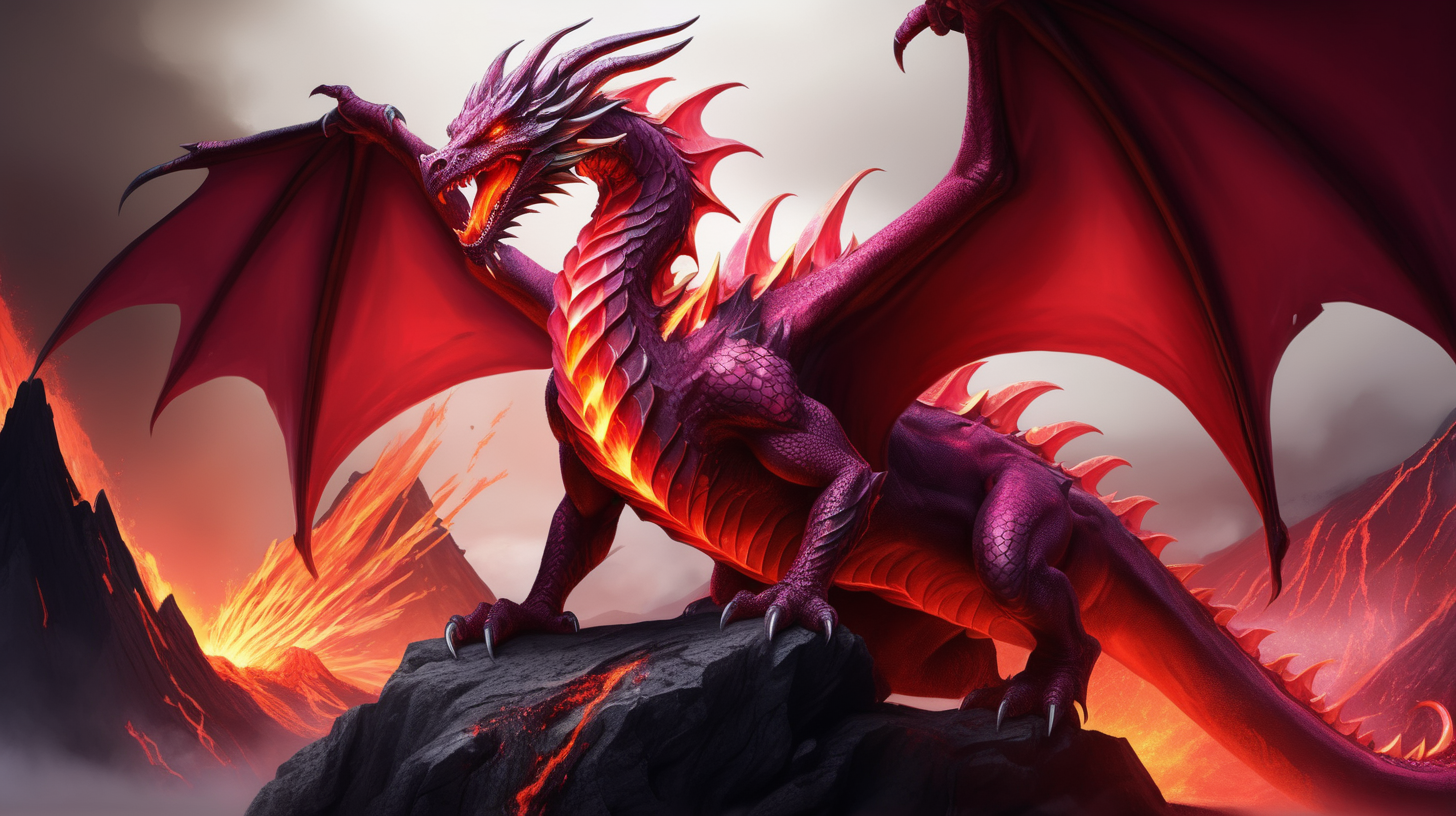 Draw Stunning fantasy Dragon ruby pose volcano