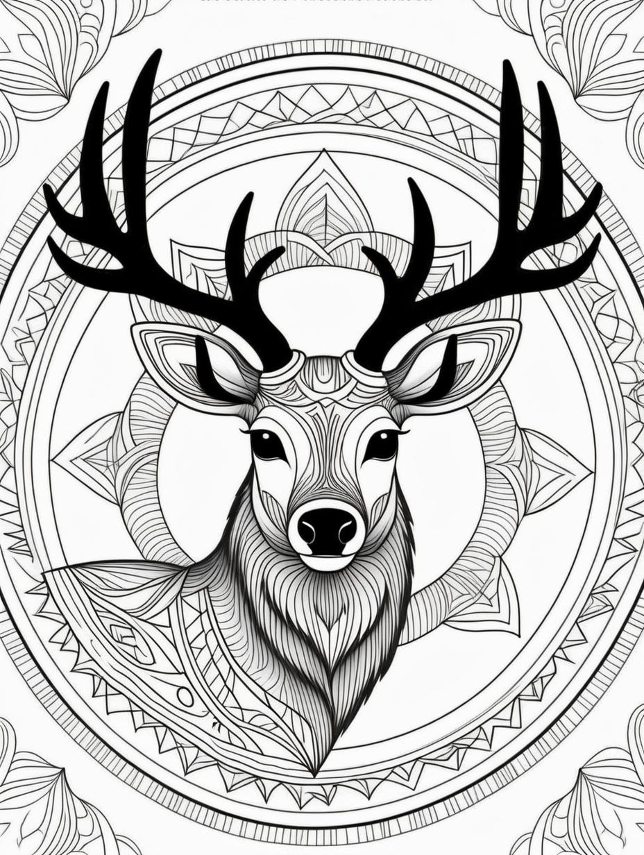 elk inspired mandala pattern, black and white, fit to page, children's coloring book, coloring book page, clean line art, line art