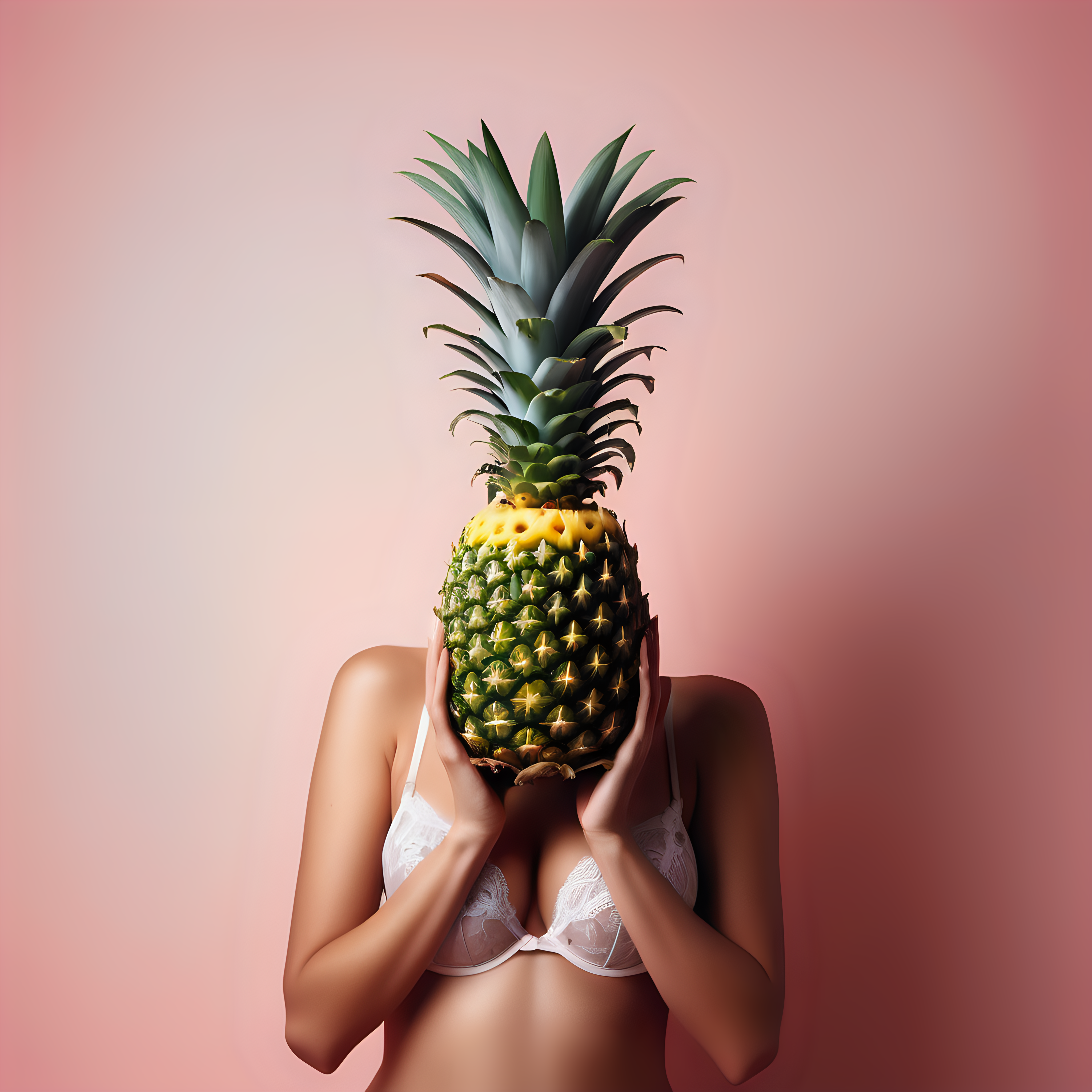 erstelle ein abstraktes foto einer ananas welche von einer frau in dessoues gehalten wird