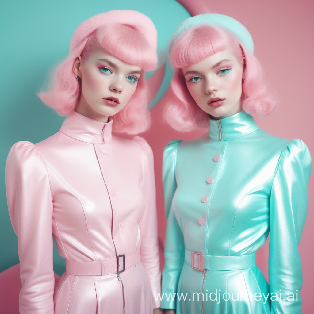 Ethereal editorial retro future twin woman at a Christmas party, pastel colours beautiful innocent woman, pink, aqua