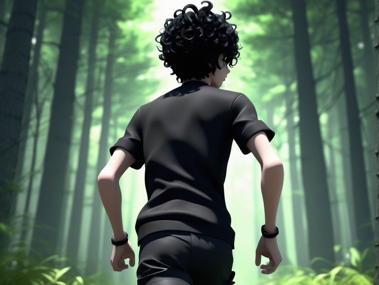 3d, anime, male, running in the forest, back view, short black curly hair, black gauge earrings, thick black eyebrows, black eyes, emo, forest low light