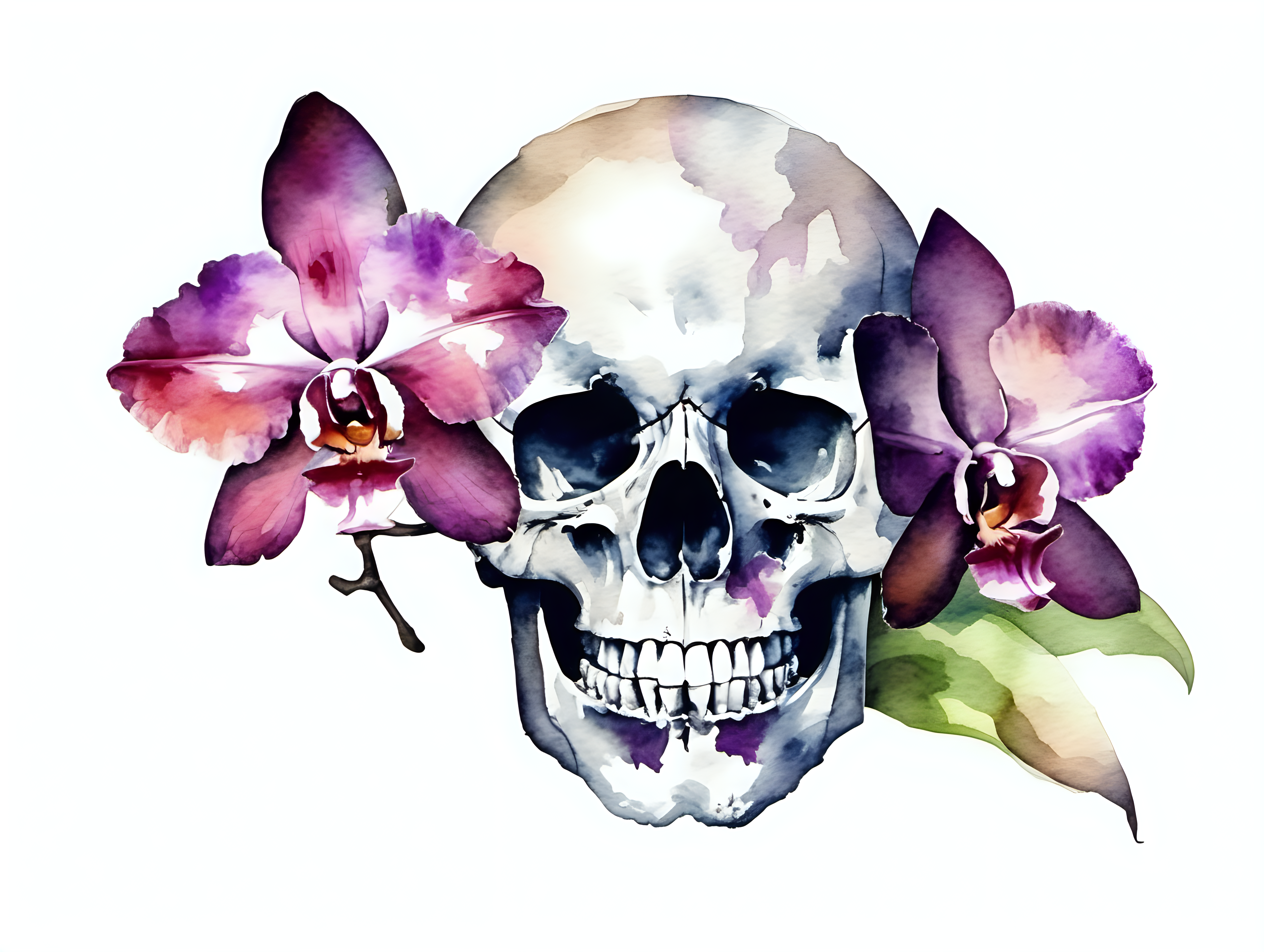skull with Orchid blossom in the style of