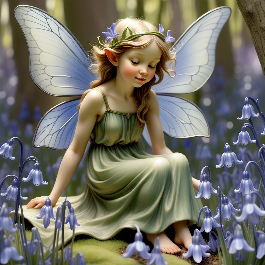 Illustrate a fairy nestled among bluebells with outstretched