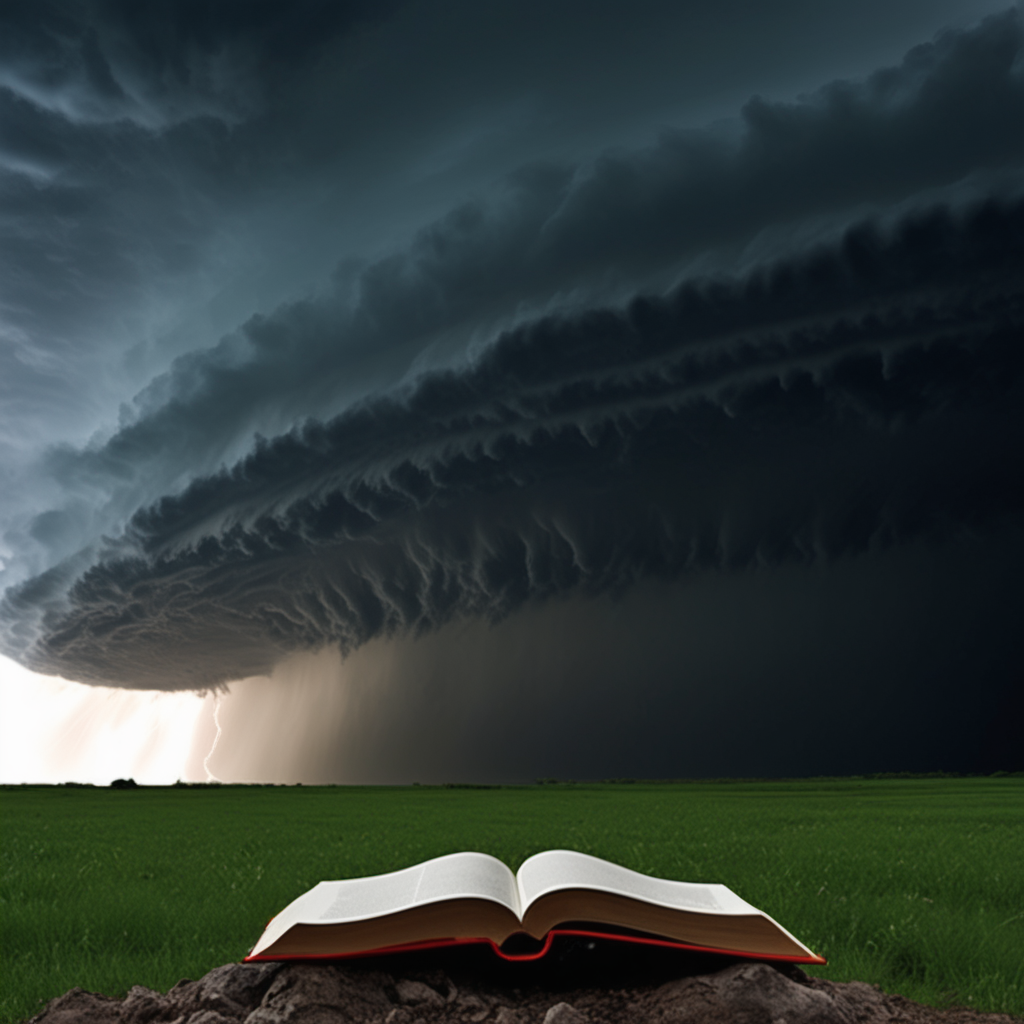 An open book falling through a storm