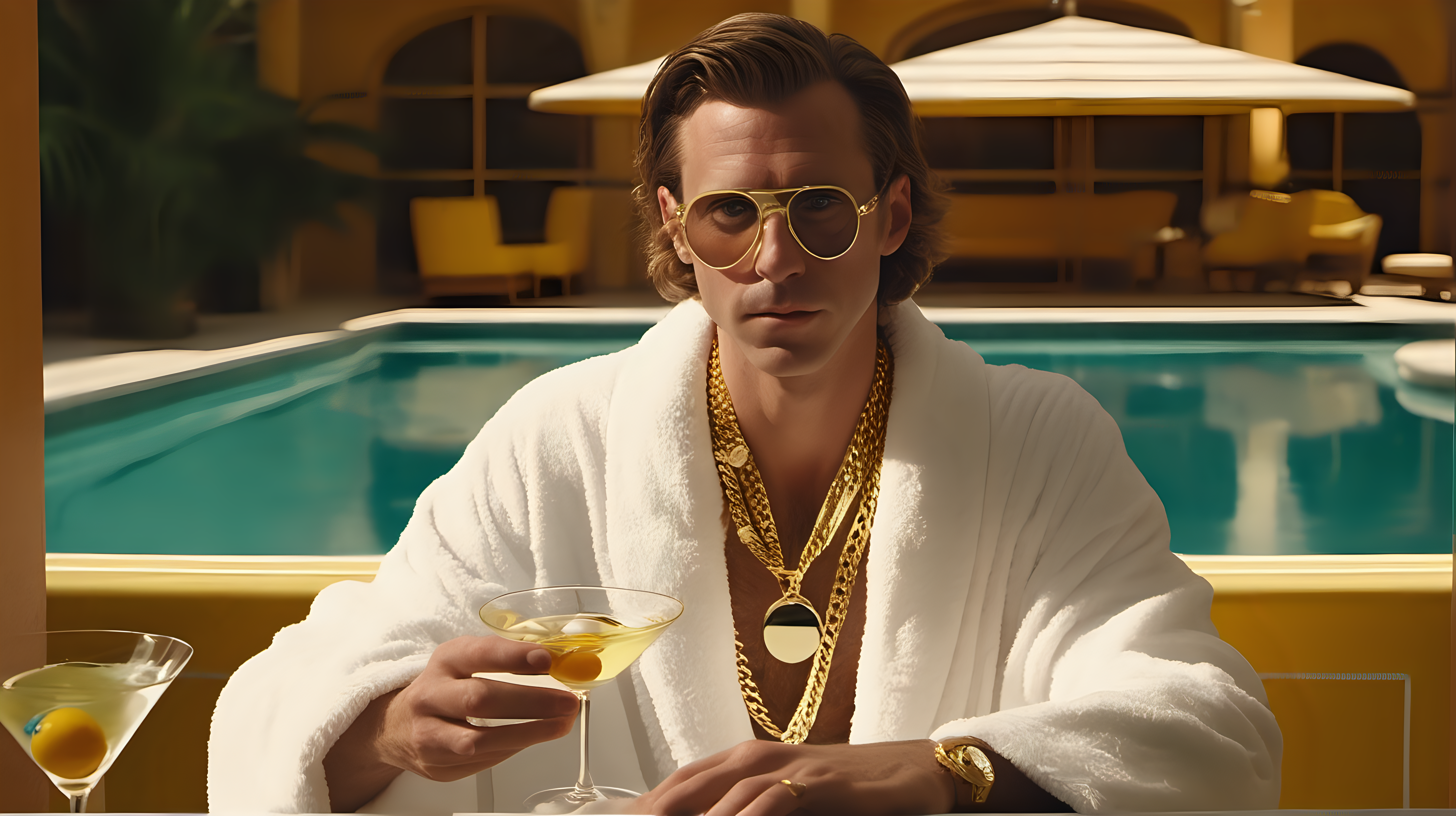 cinematic photoreal image of a man looking at camera in a bathrobe wearing a gold necklace sitting poolside with a martini in his hand in the style of a wes anderson film