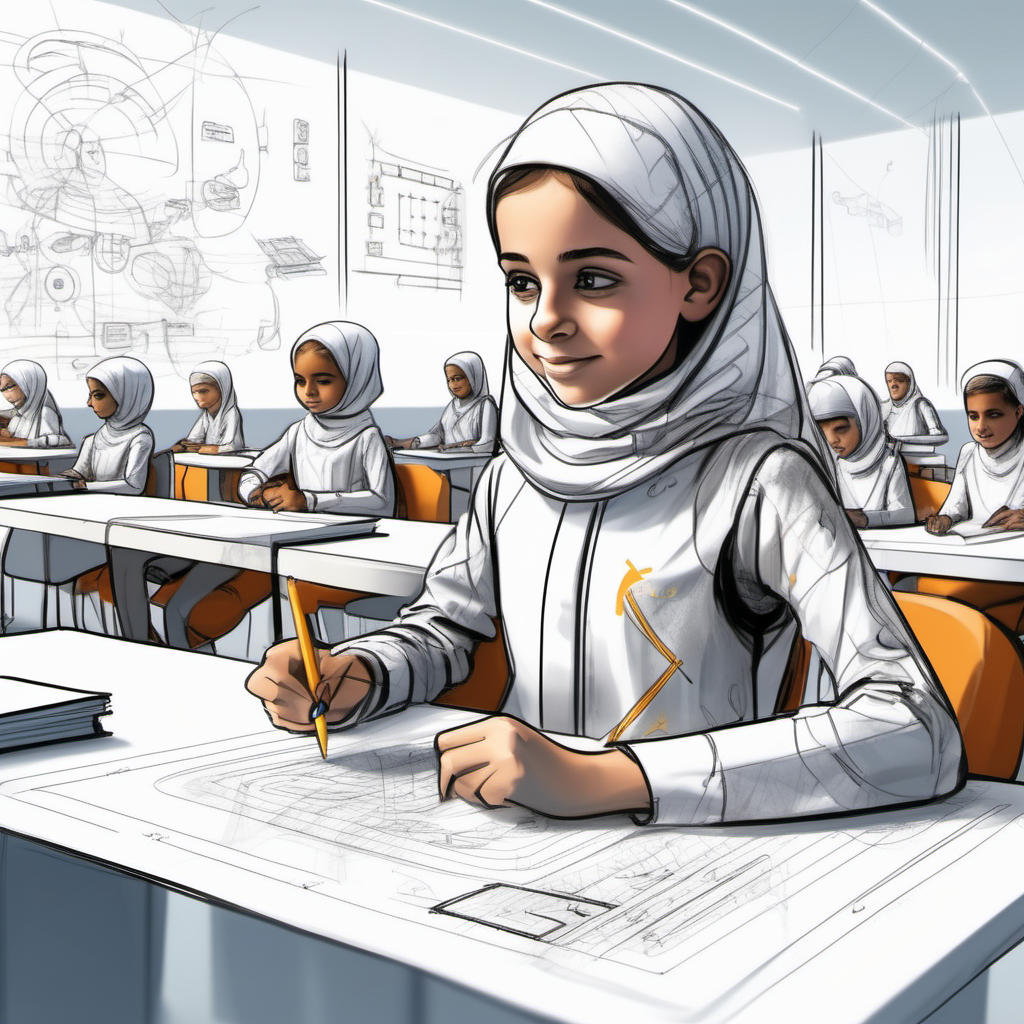 A futuristic sketch of a smart girl winning competitions and designing an innovative school in Oman