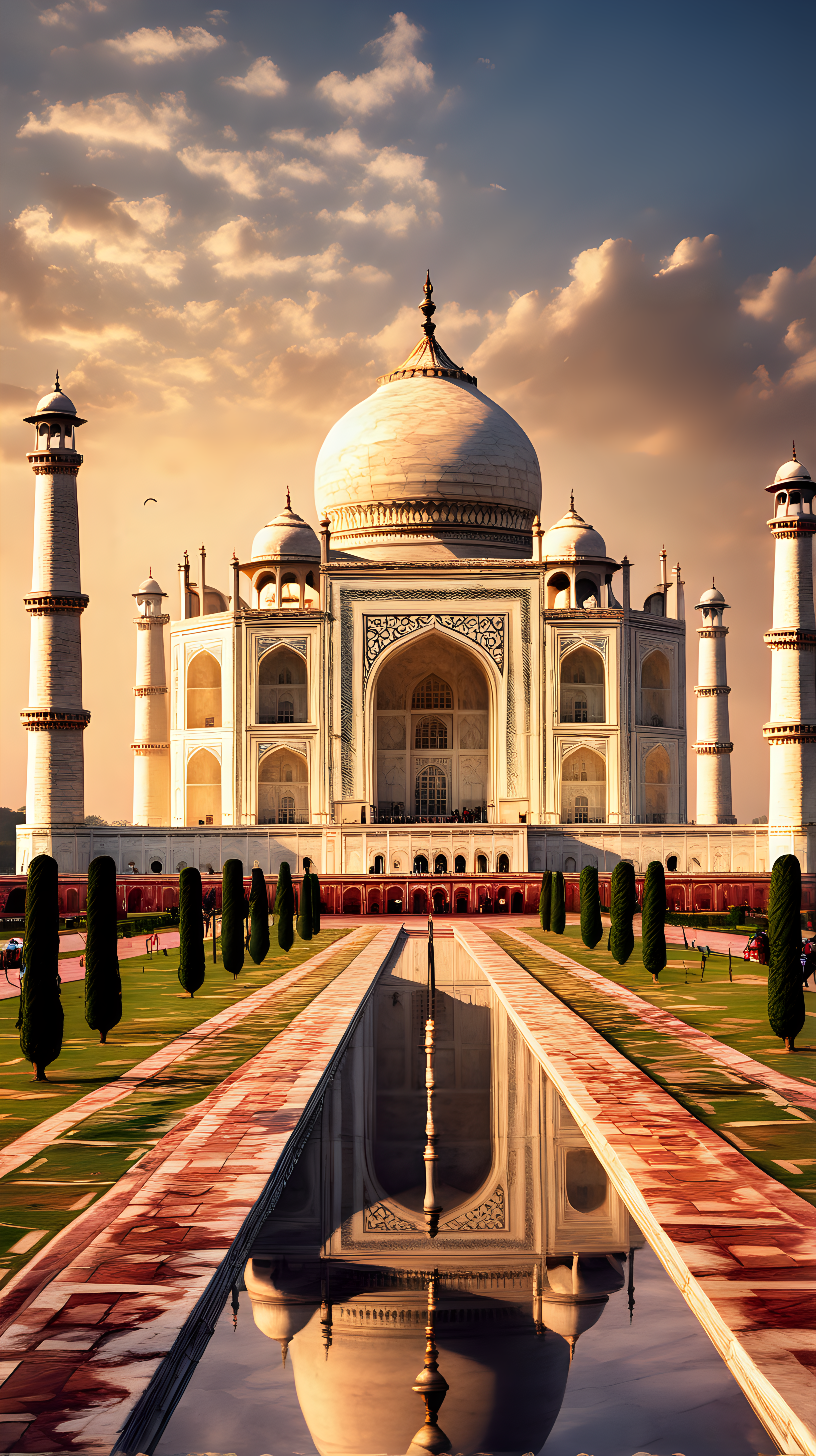 Imagine we're prompting, an engaging trivia background highlighting the beauty of the Taj Mahal. Capture the mesmerizing details of this renowned world wonder with a high-quality camera model and lens. Illuminate the scene with balanced and natural lighting, ensuring a universally usable and visually appealing composition for a captivating geography trivia backdrop.