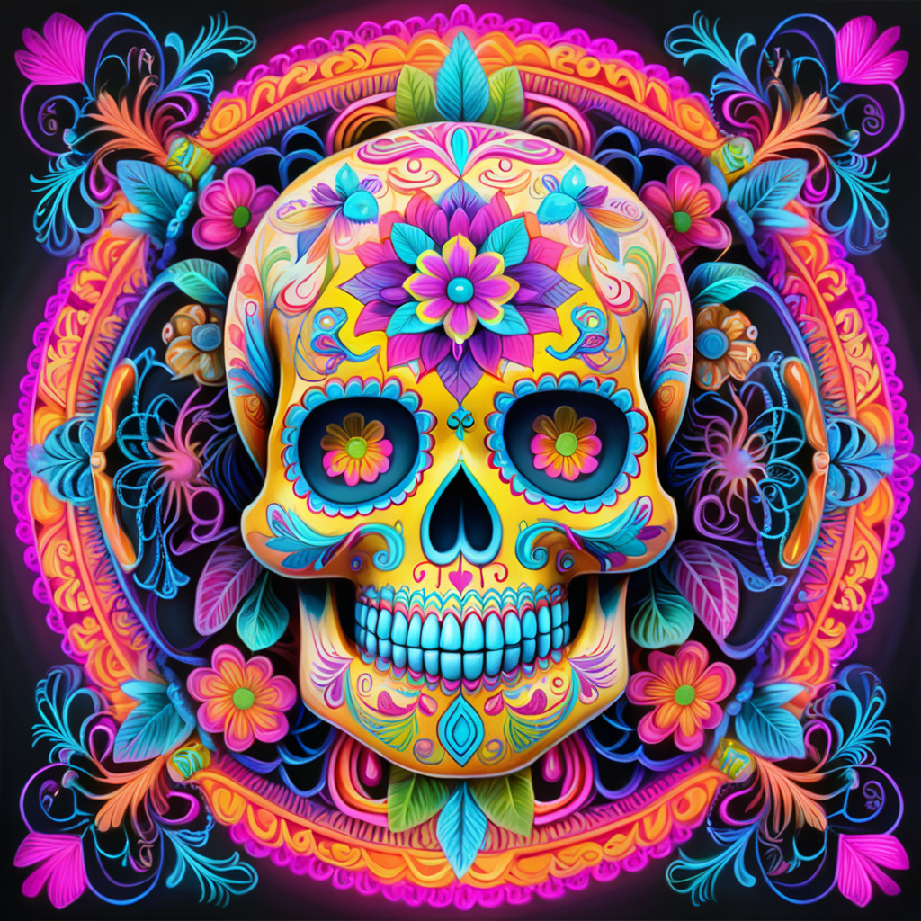 bright neon colors, high details, symmetrical mandala, strong lines, day of the dead, candy skull