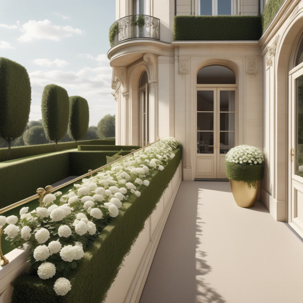 a hyperrealistic of a  modern parisian balcony, looking over the sprawling lawns and elegant gardens of white flowers and manicured hedges, in a beige oak brass colour palette --no visible homes nextdoor
