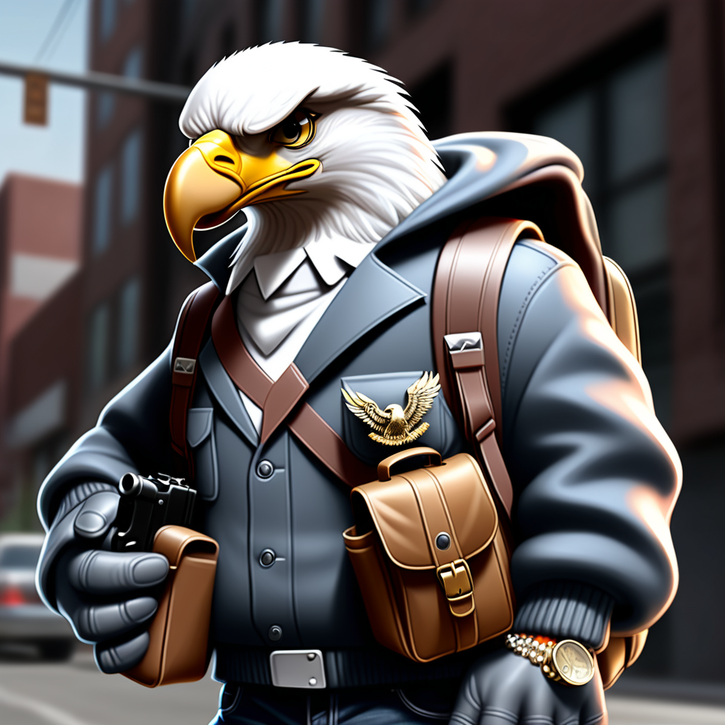 draw a street gangster eagle wearing a backpack while holding a 9mm