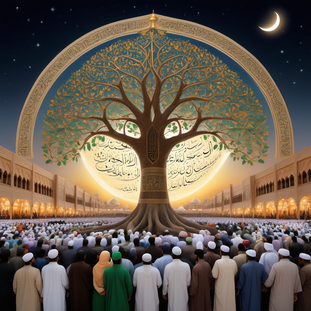 Resonating Message and Flourishing Faith:

A radiant crescent moon casting a soft glow over a diverse crowd of figures embracing each other in a warm embrace, symbolizing the unifying and inclusive nature of Islam's message.
A bustling marketplace with individuals from various backgrounds engaging in trade and conversation, their faces alight with newfound understanding and purpose, representing the spread of Islam through everyday interactions.
A majestic tree with its branches reaching towards the heavens, each leaf inscribed with verses from the Quran, signifying the deep roots Islam takes in the hearts and minds of the people.