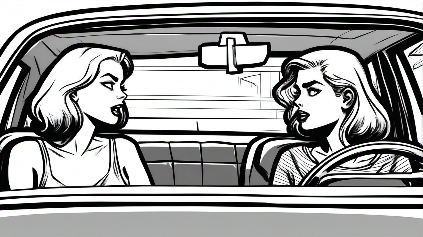 Нарисуй двух девушек которые общаются в машине. В черно-белом цвете в стиле комиксов