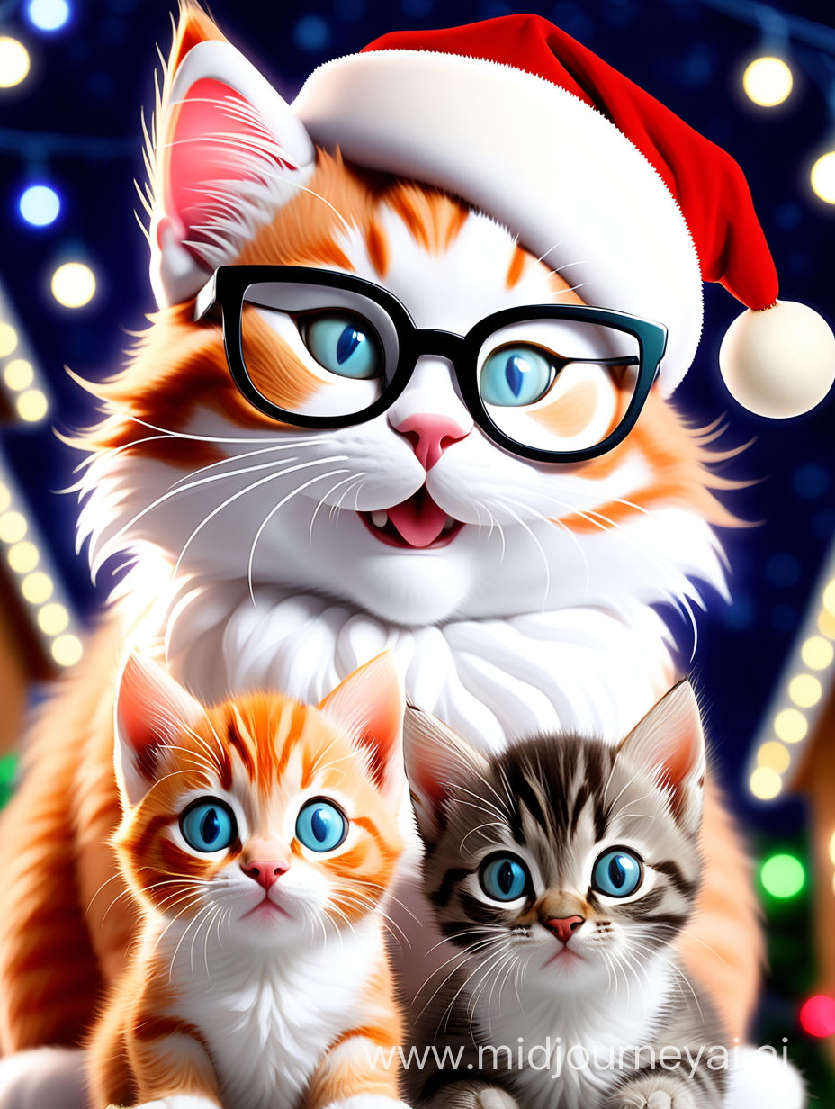 christmas greetings christmas eve christnmas lights two kittens and one big mother cat with thick glasses on 
