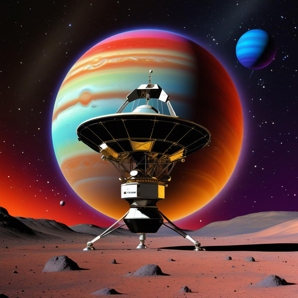 voyager 1 spacecraft in front of a vibrantly colored alien planet with s lot of stars in the background