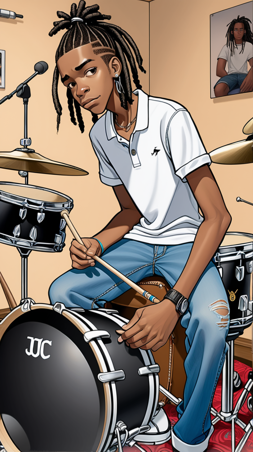 
comic-style 16-year-old black Jamaican teen boy who is tall with short dreadlocks wearing a polo shirt with jeans sitting around his drumset playing his drumset in his bedroom