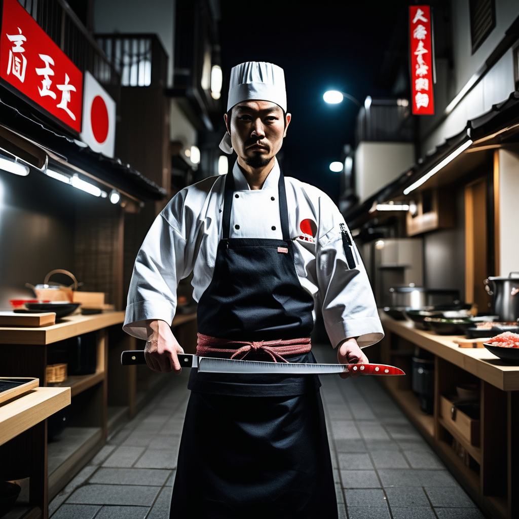 Japanese man, sushi chef clothes, many knives, cleaver, kitchen knives, throwing knives, Japan, street, night
