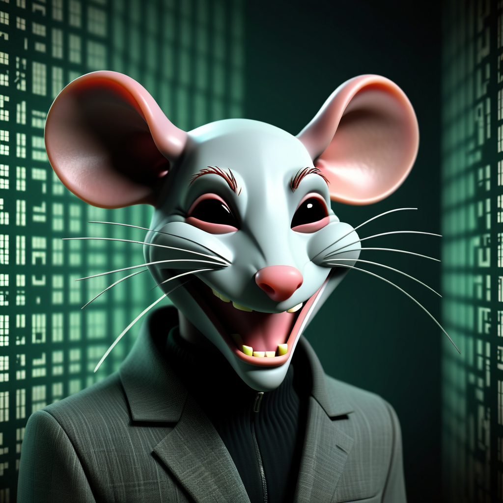 mascara 3d de um rato hacker anonimo sorrindo assustador
em fundo matrix