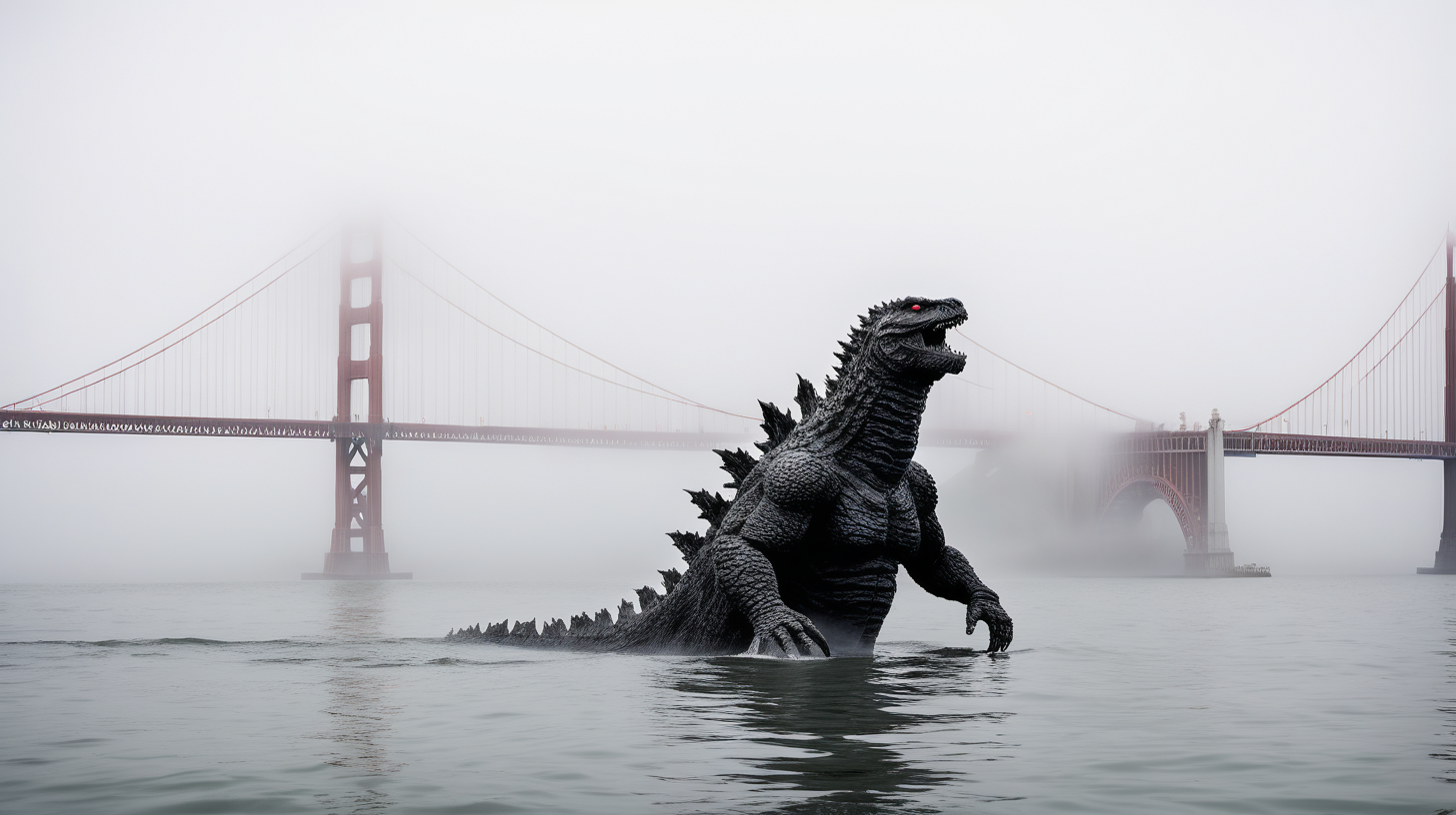 Godzilla swimming in San Francisco Bay in fog